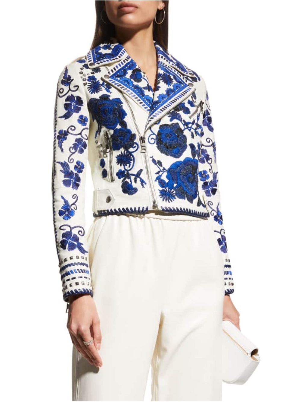 Alice + Olivia Cody Embroidered Leather Jacket White w/ Blue Floral